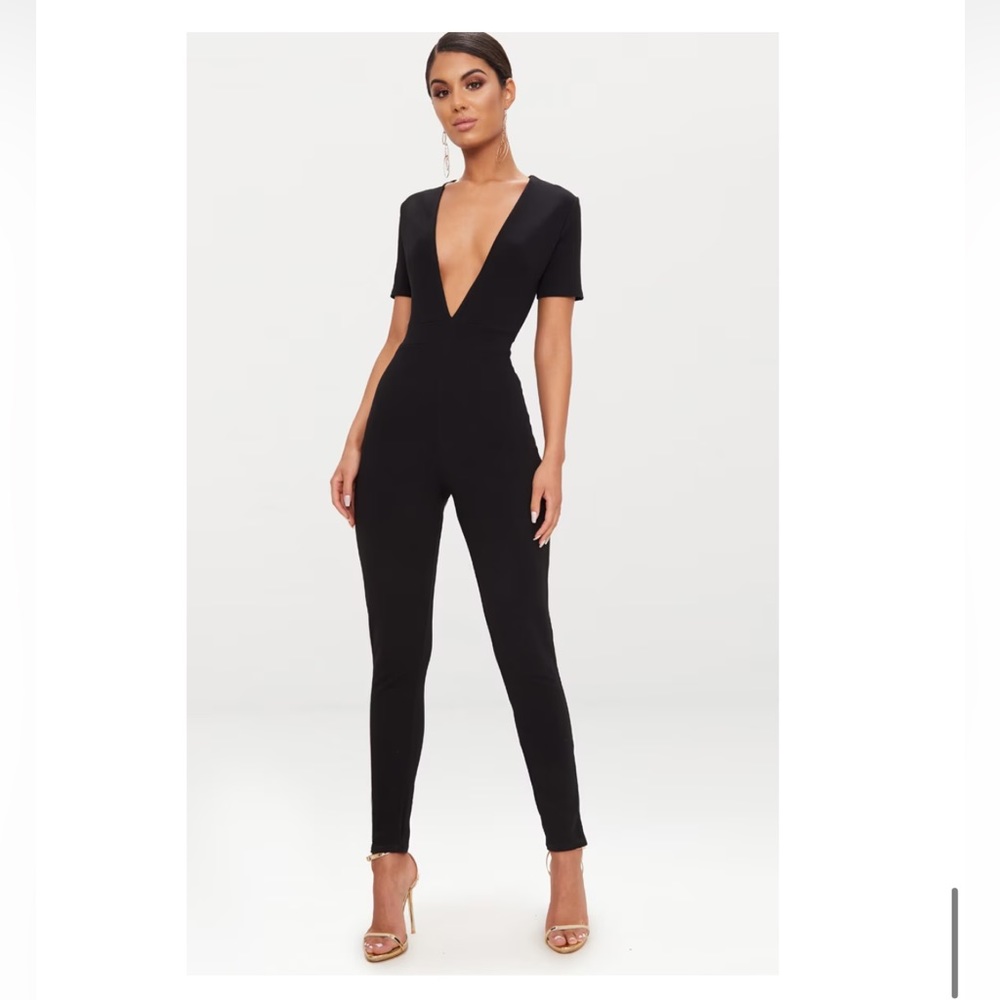 Black Short Sleeve Plunge  Junpsuit